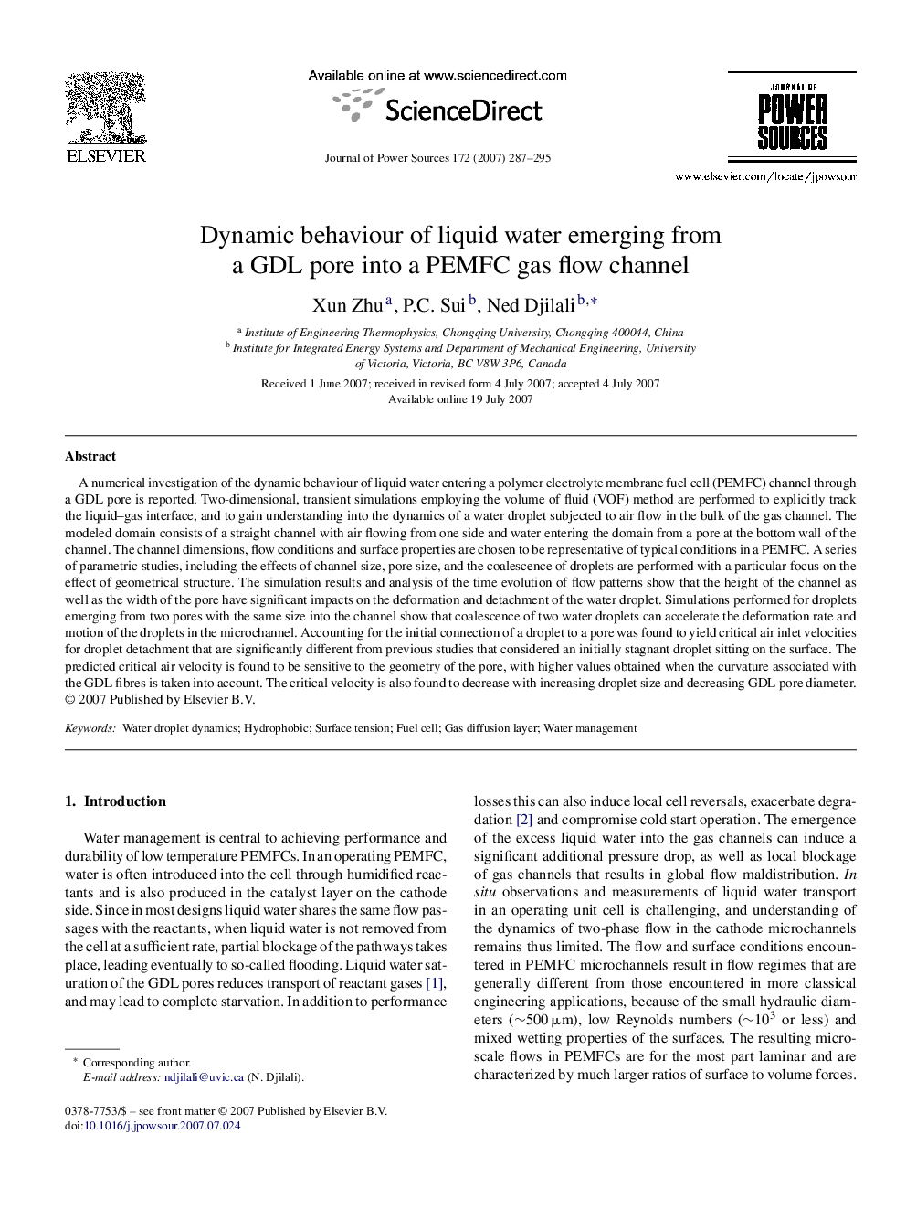 Dynamic behaviour of liquid water emerging from a GDL pore into a PEMFC gas flow channel