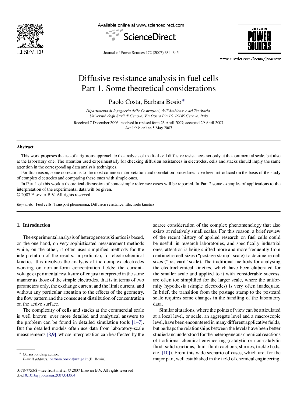 Diffusive resistance analysis in fuel cells: Part 1. Some theoretical considerations