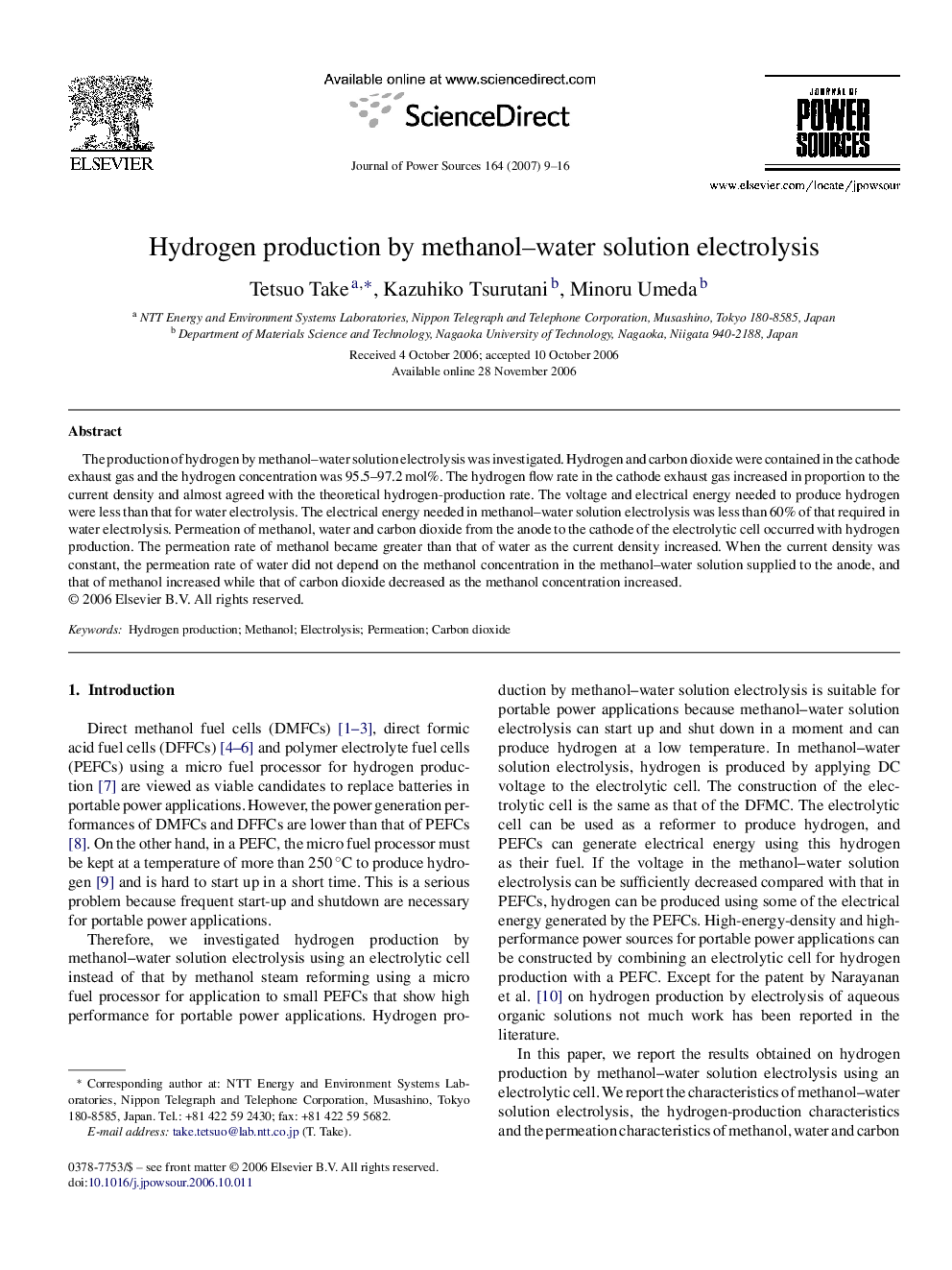 Hydrogen production by methanol–water solution electrolysis