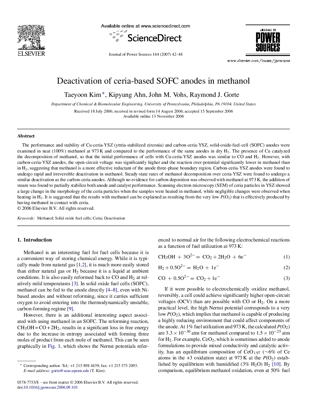 Deactivation of ceria-based SOFC anodes in methanol