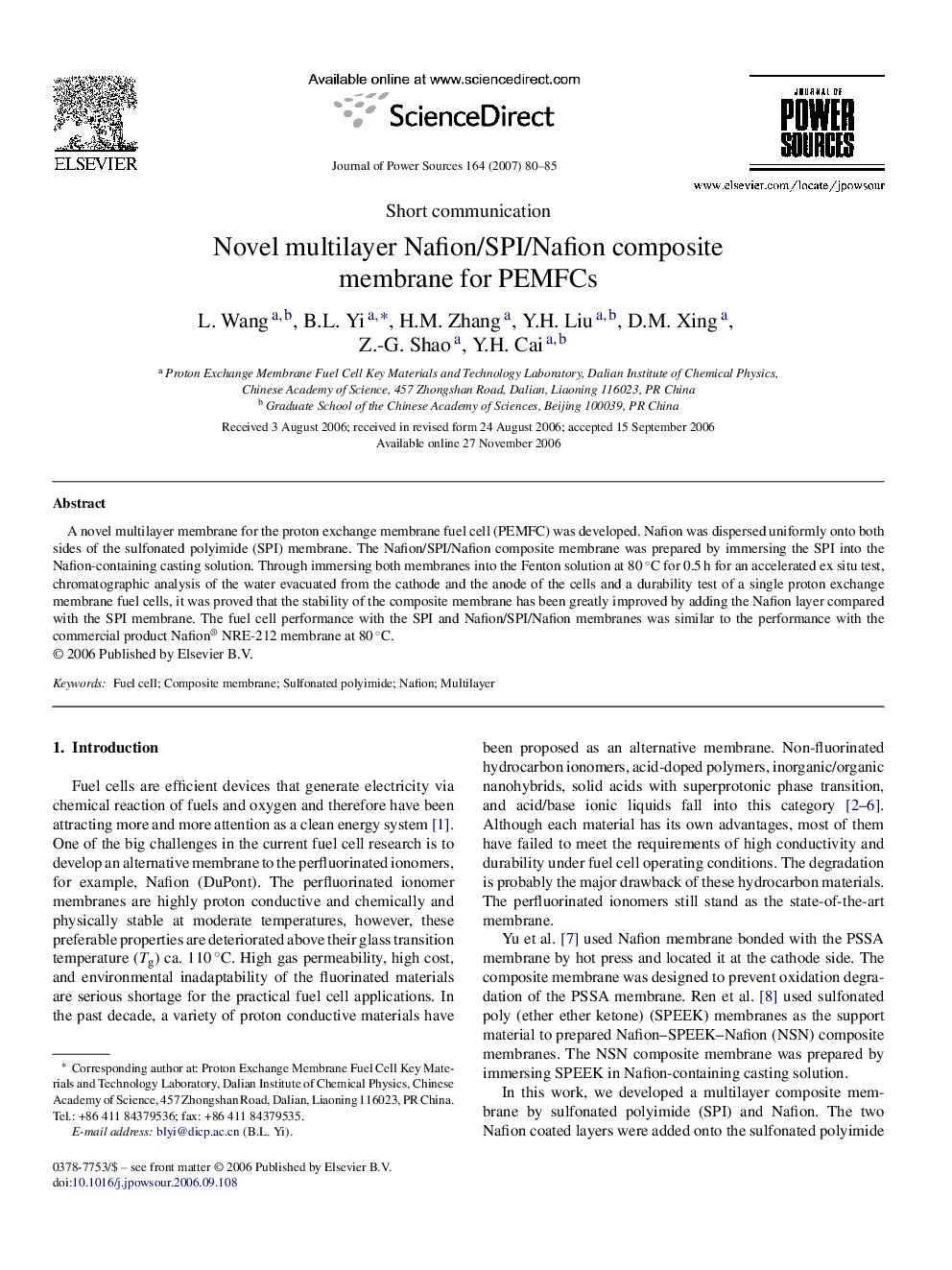 Novel multilayer Nafion/SPI/Nafion composite membrane for PEMFCs