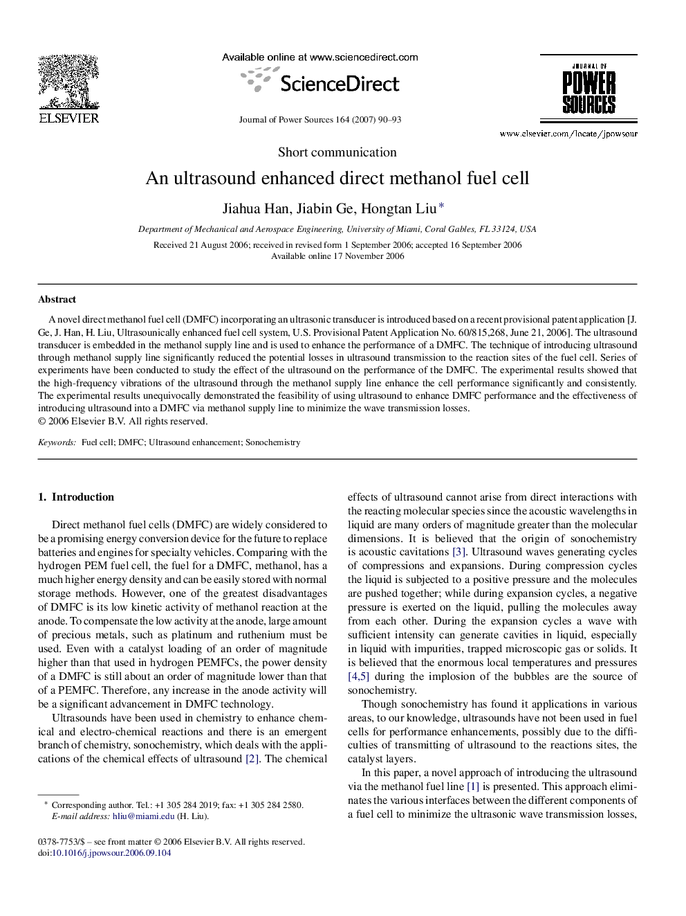 An ultrasound enhanced direct methanol fuel cell