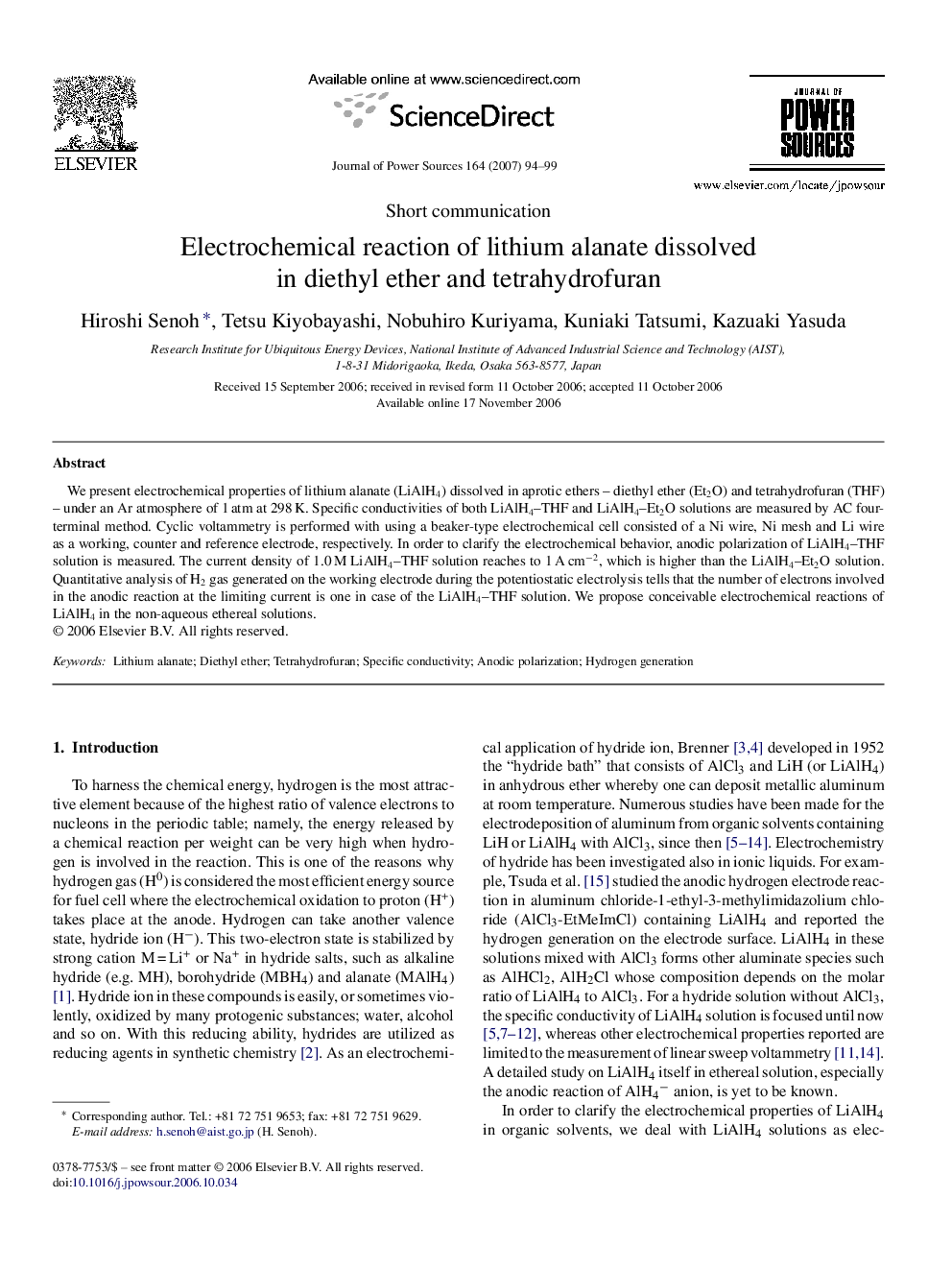 Electrochemical reaction of lithium alanate dissolved in diethyl ether and tetrahydrofuran