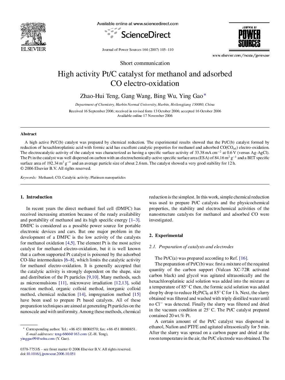 High activity Pt/C catalyst for methanol and adsorbed CO electro-oxidation