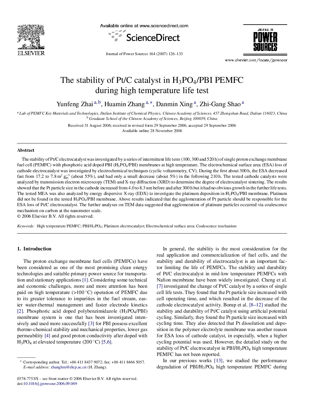عکس صفحه اول مقاله: The stability of Pt/C catalyst in H3PO4/PBI PEMFC during high temperature life test The stability of Pt/C catalyst in H3PO4/PBI PEMFC during high temperature life test