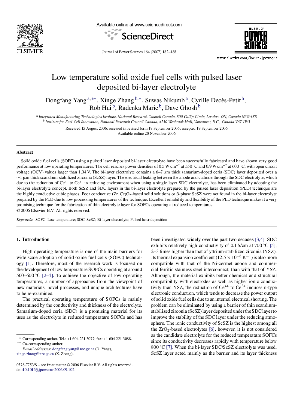 Low temperature solid oxide fuel cells with pulsed laser deposited bi-layer electrolyte