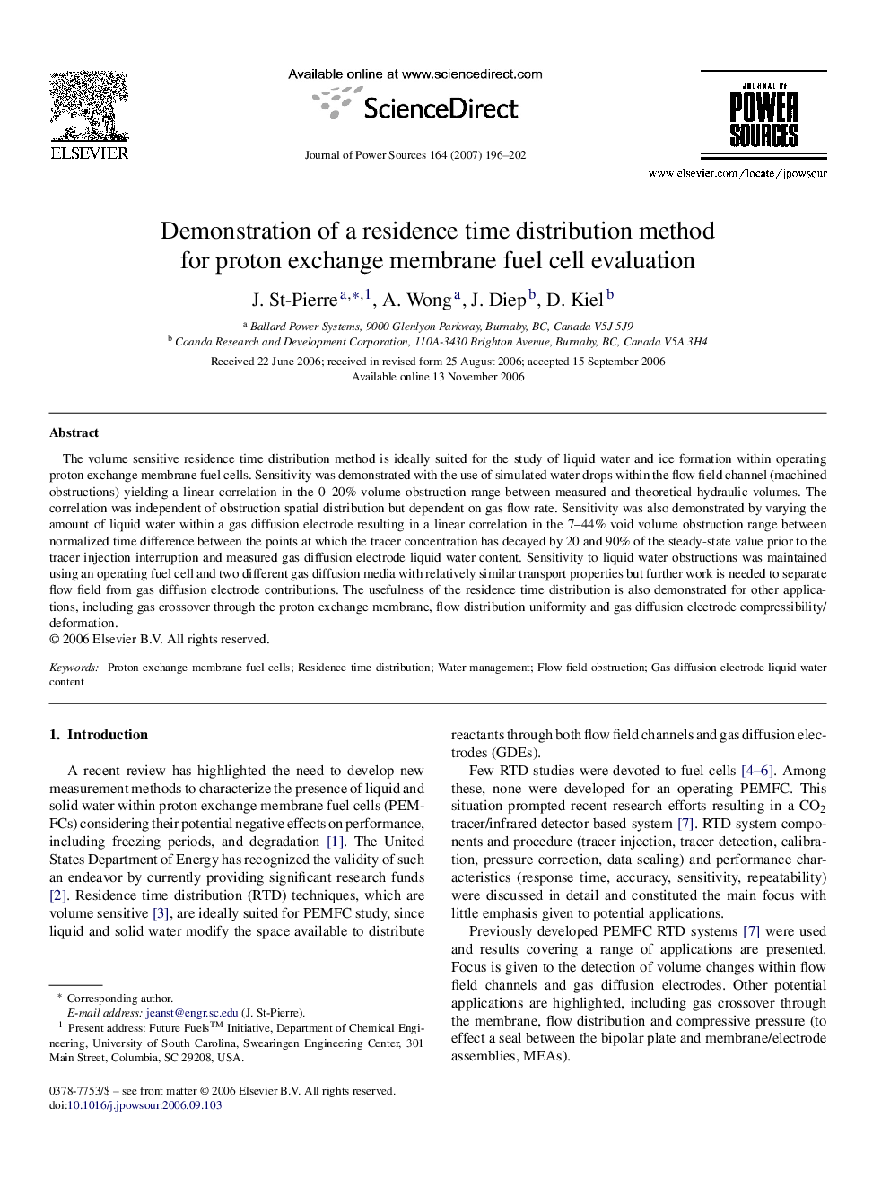 Demonstration of a residence time distribution method for proton exchange membrane fuel cell evaluation