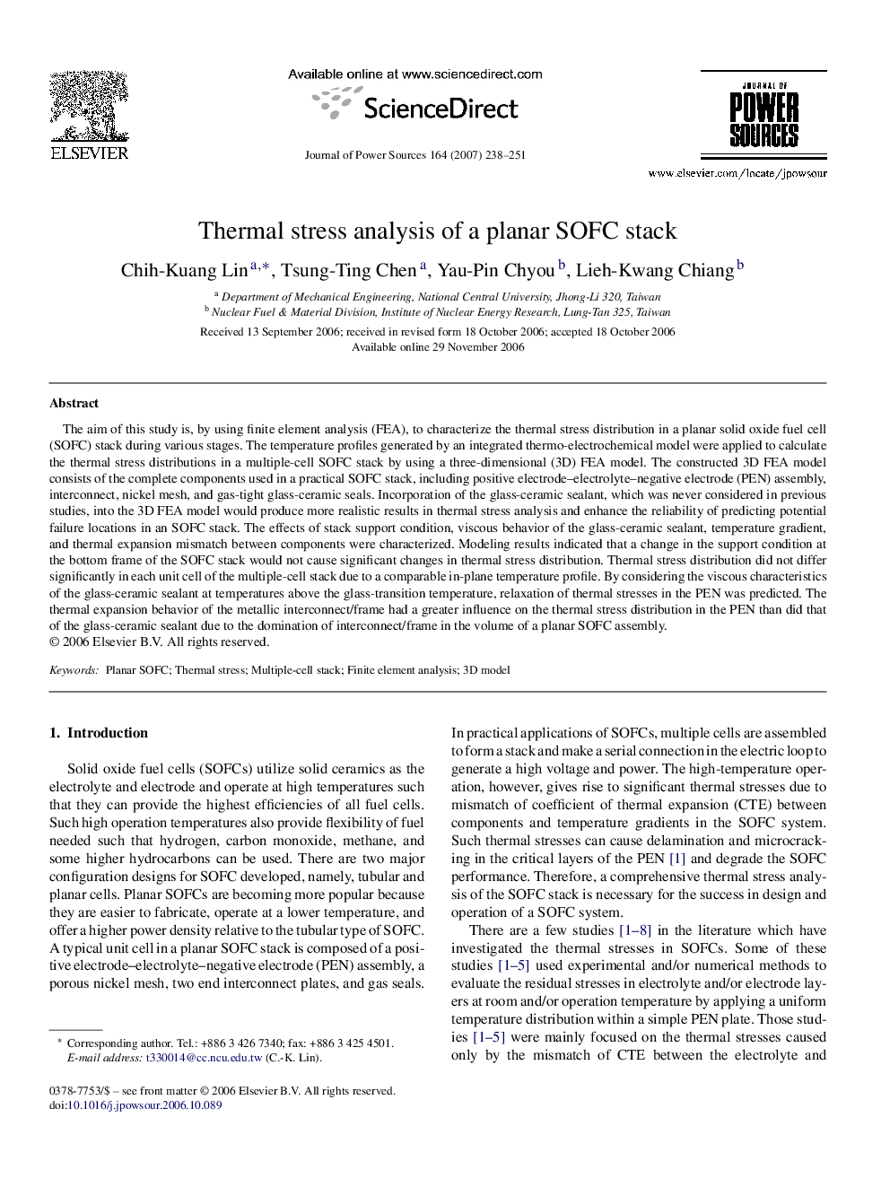 Thermal stress analysis of a planar SOFC stack