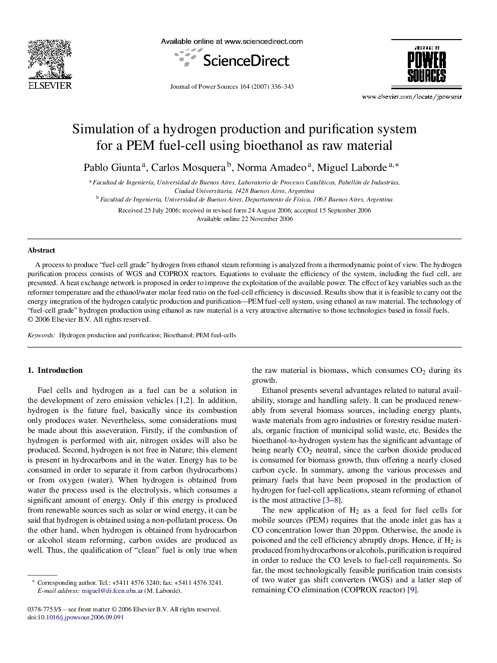 Simulation of a hydrogen production and purification system for a PEM fuel-cell using bioethanol as raw material