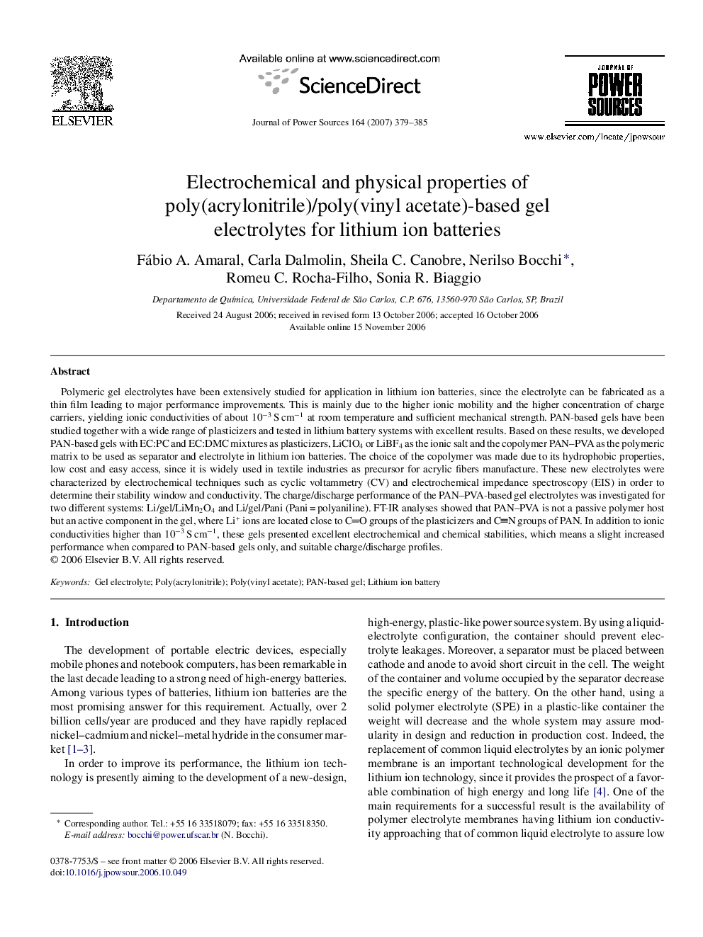 Electrochemical and physical properties of poly(acrylonitrile)/poly(vinyl acetate)-based gel electrolytes for lithium ion batteries