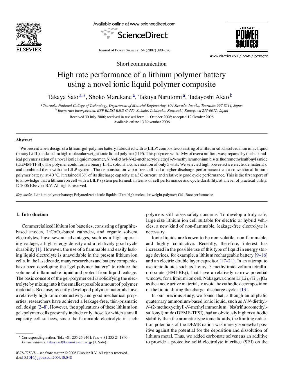 High rate performance of a lithium polymer battery using a novel ionic liquid polymer composite