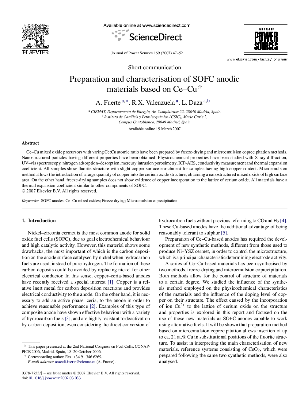 Preparation and characterisation of SOFC anodic materials based on Ce–Cu 