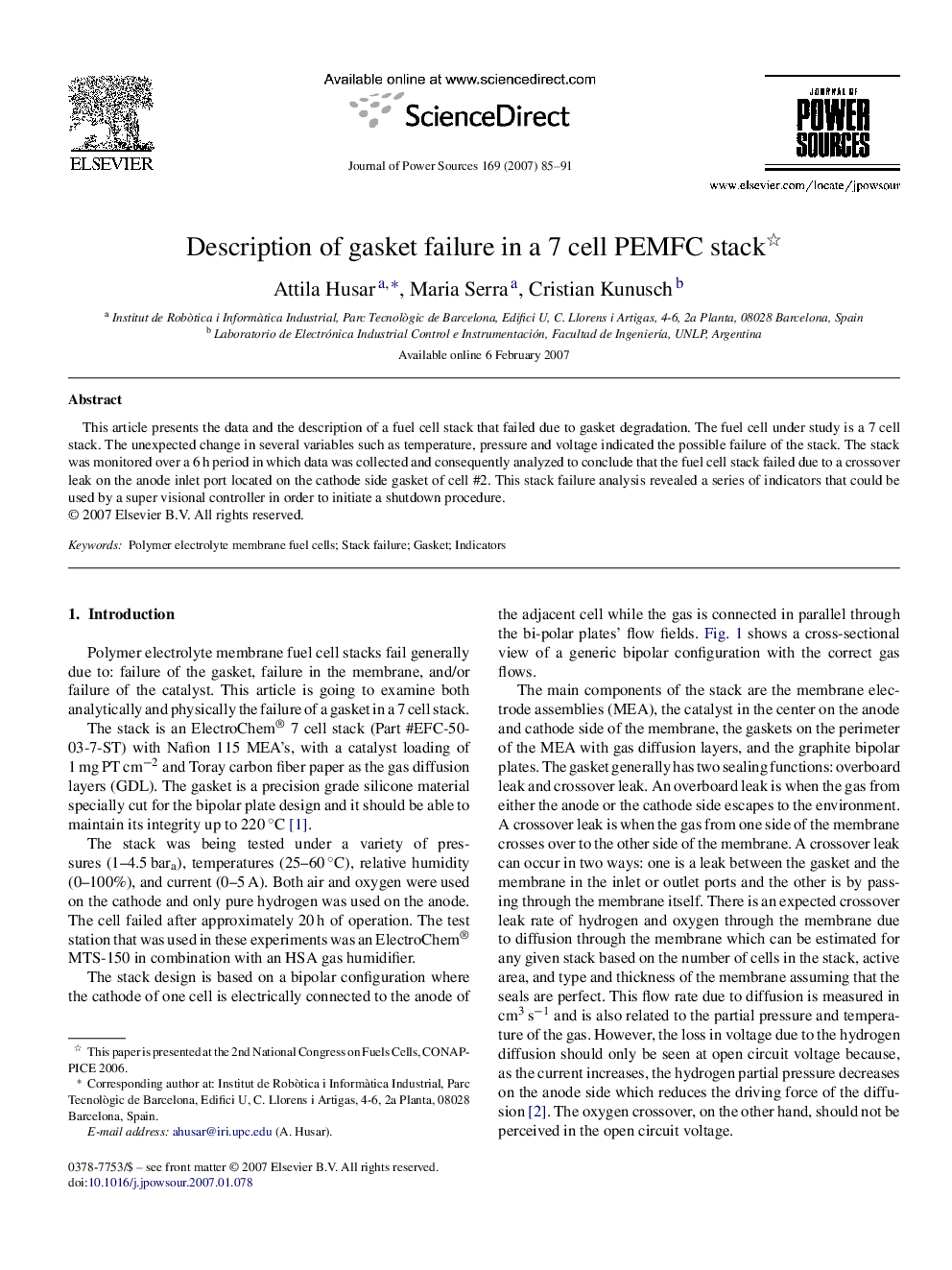 Description of gasket failure in a 7 cell PEMFC stack 