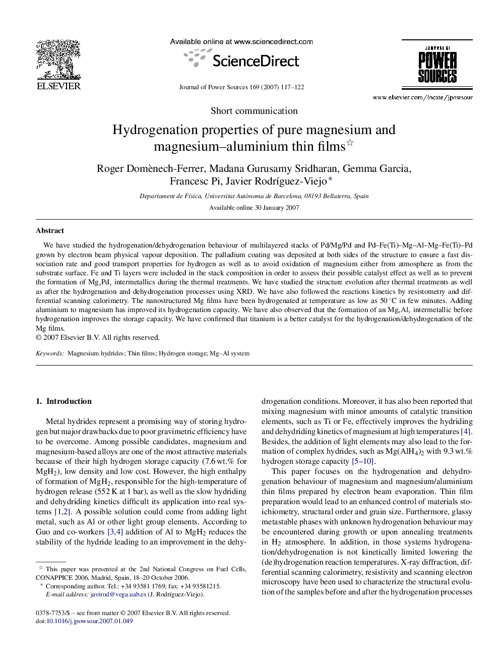 Hydrogenation properties of pure magnesium and magnesium–aluminium thin films 