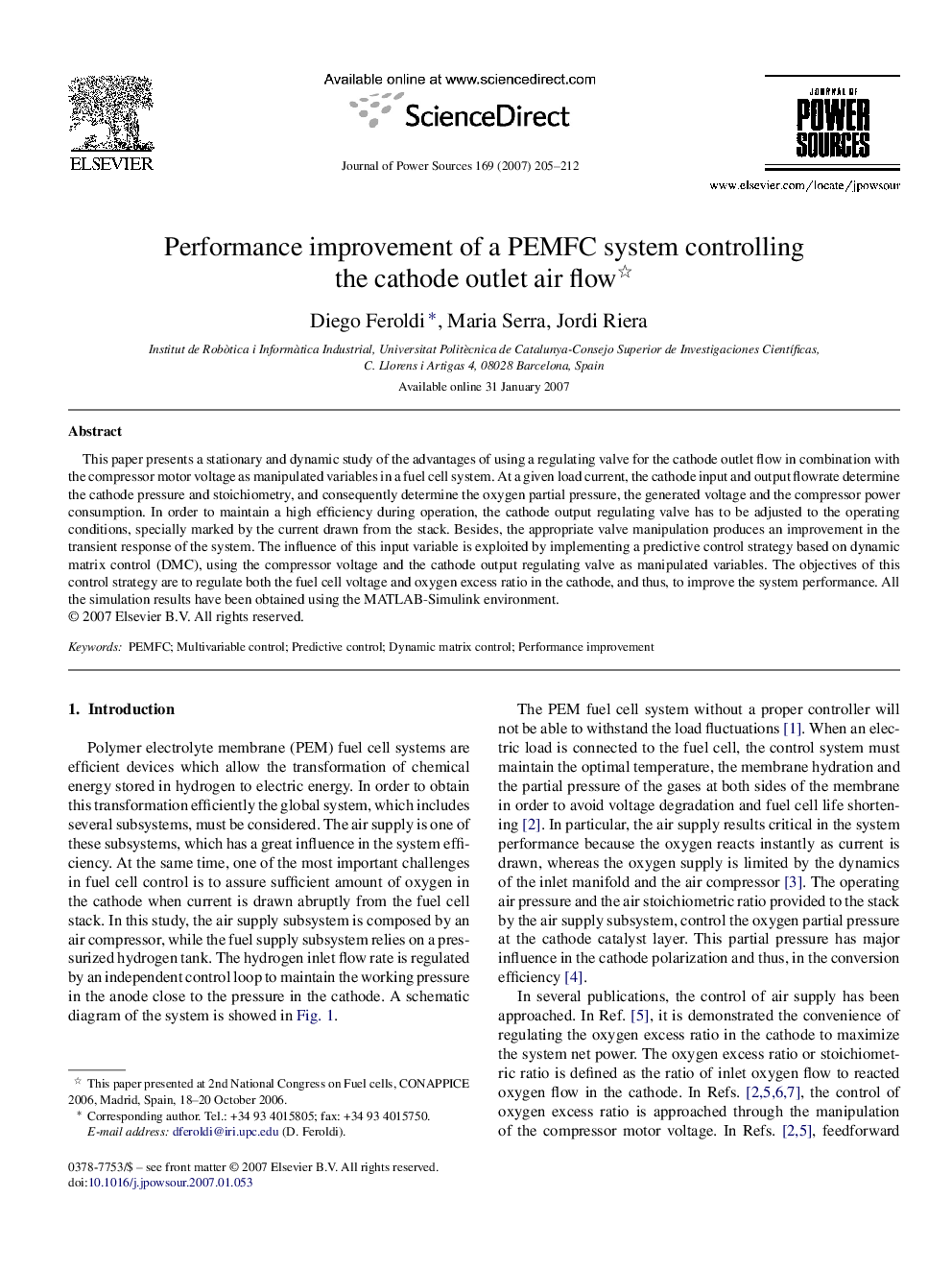 Performance improvement of a PEMFC system controlling the cathode outlet air flow 