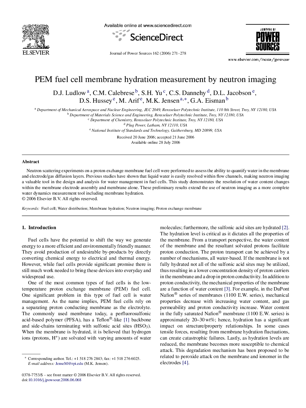 PEM fuel cell membrane hydration measurement by neutron imaging