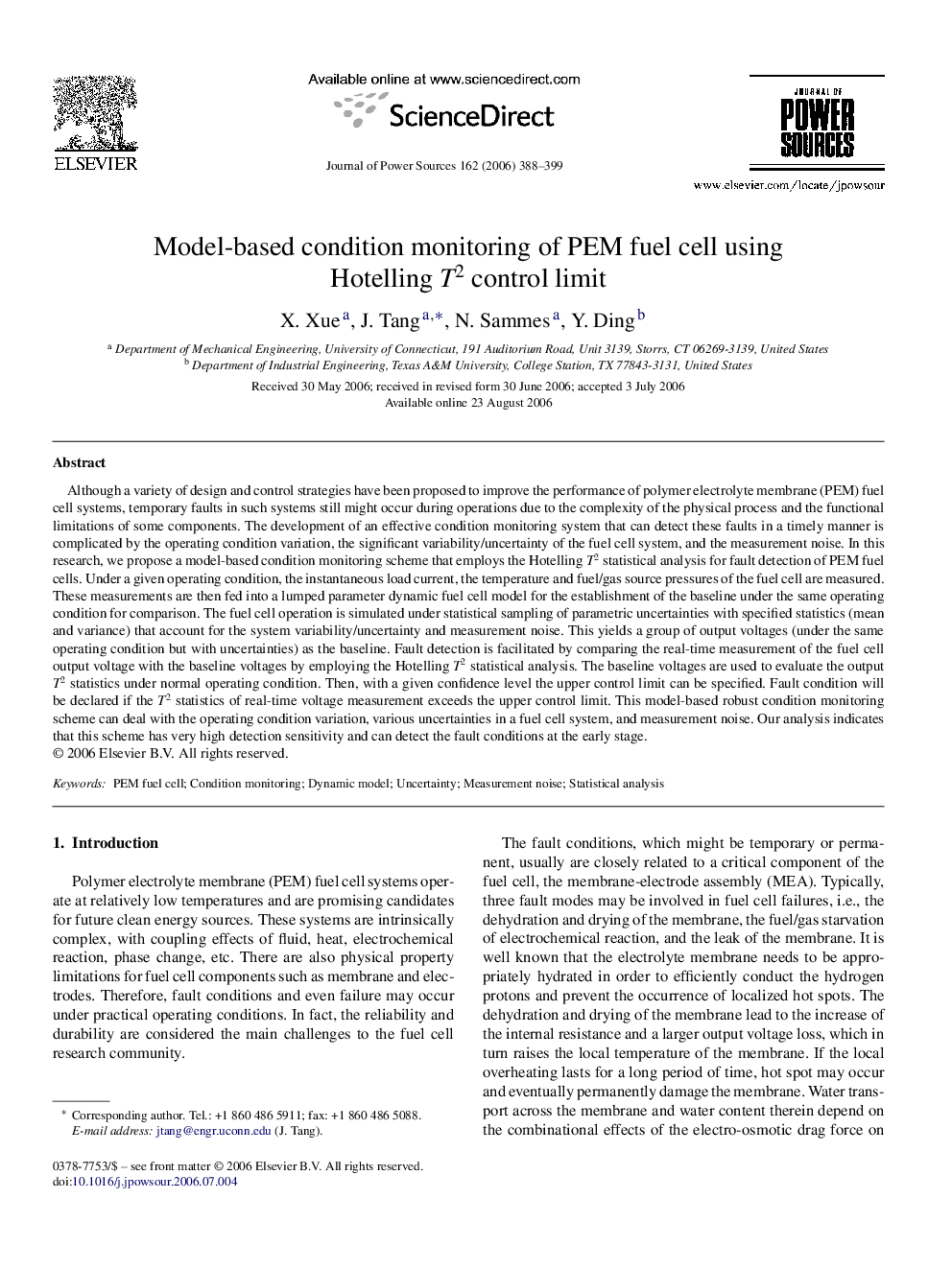 Model-based condition monitoring of PEM fuel cell using Hotelling T2 control limit