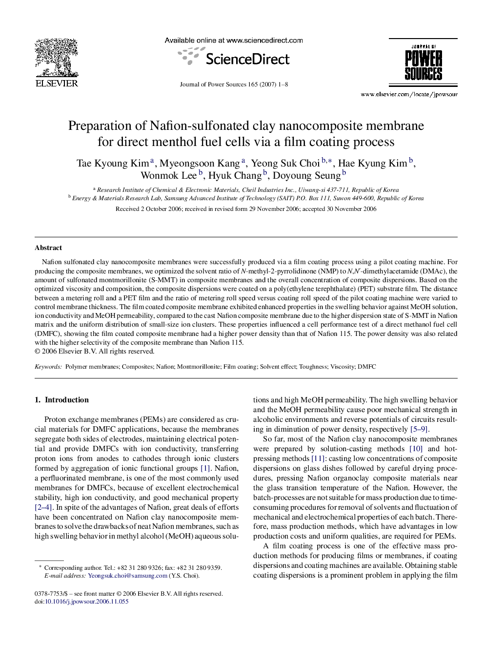 Preparation of Nafion-sulfonated clay nanocomposite membrane for direct menthol fuel cells via a film coating process