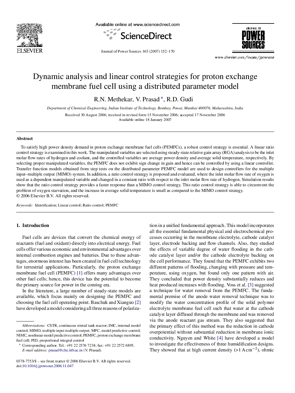 Dynamic analysis and linear control strategies for proton exchange membrane fuel cell using a distributed parameter model