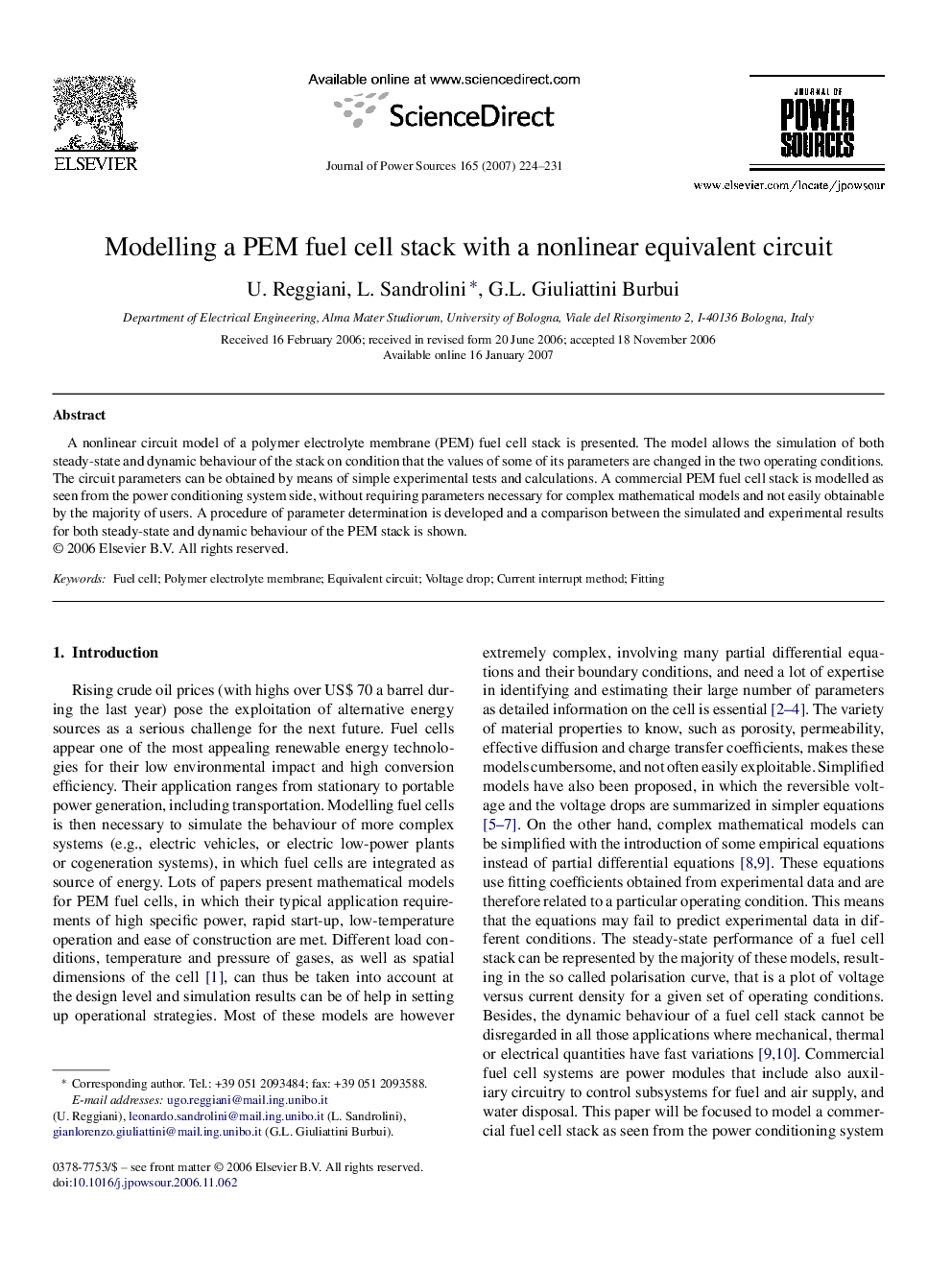 Modelling a PEM fuel cell stack with a nonlinear equivalent circuit