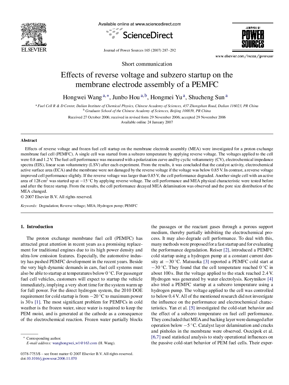 Effects of reverse voltage and subzero startup on the membrane electrode assembly of a PEMFC