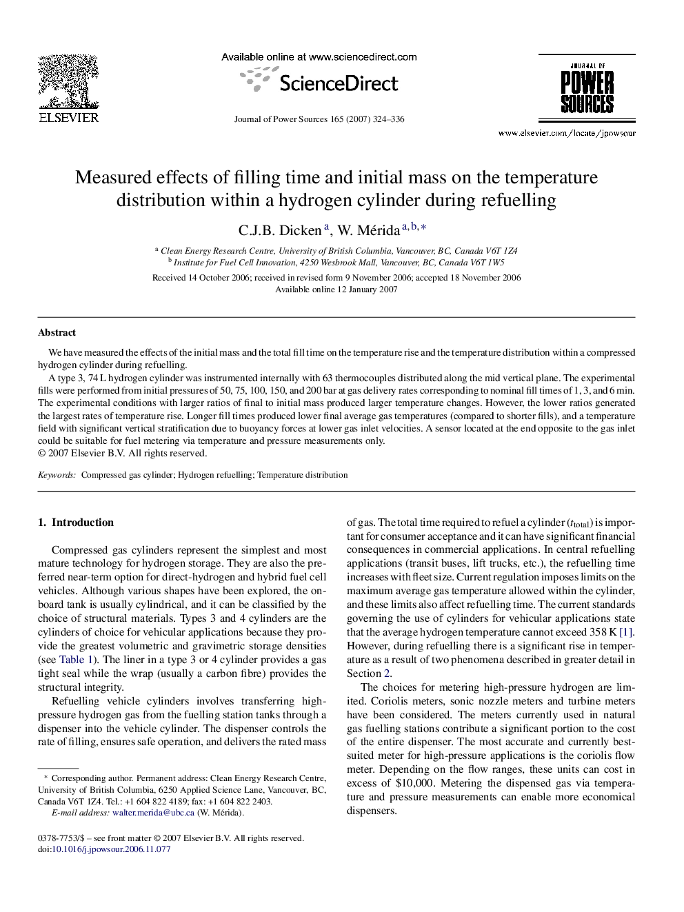 Measured effects of filling time and initial mass on the temperature distribution within a hydrogen cylinder during refuelling