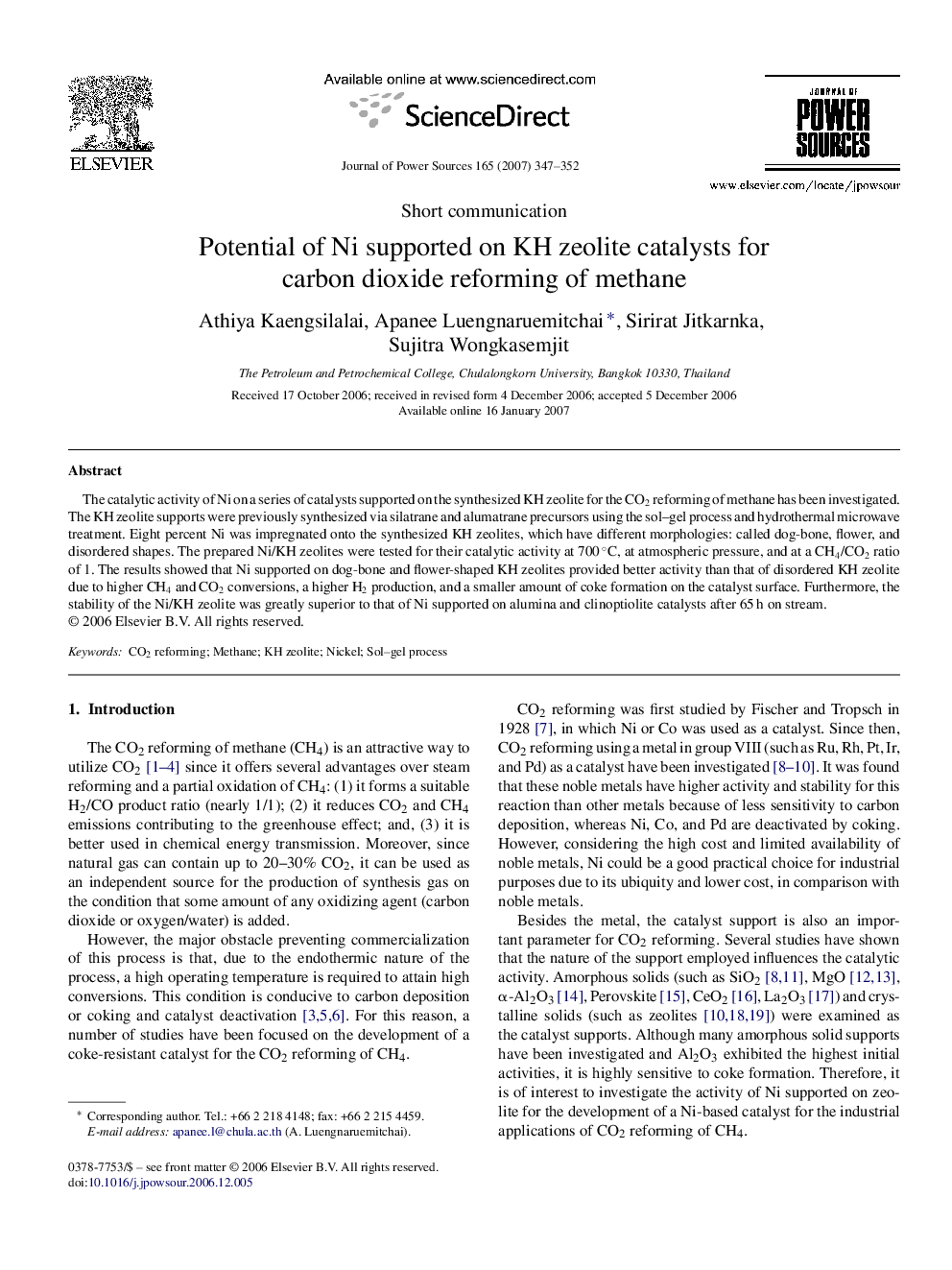 Potential of Ni supported on KH zeolite catalysts for carbon dioxide reforming of methane