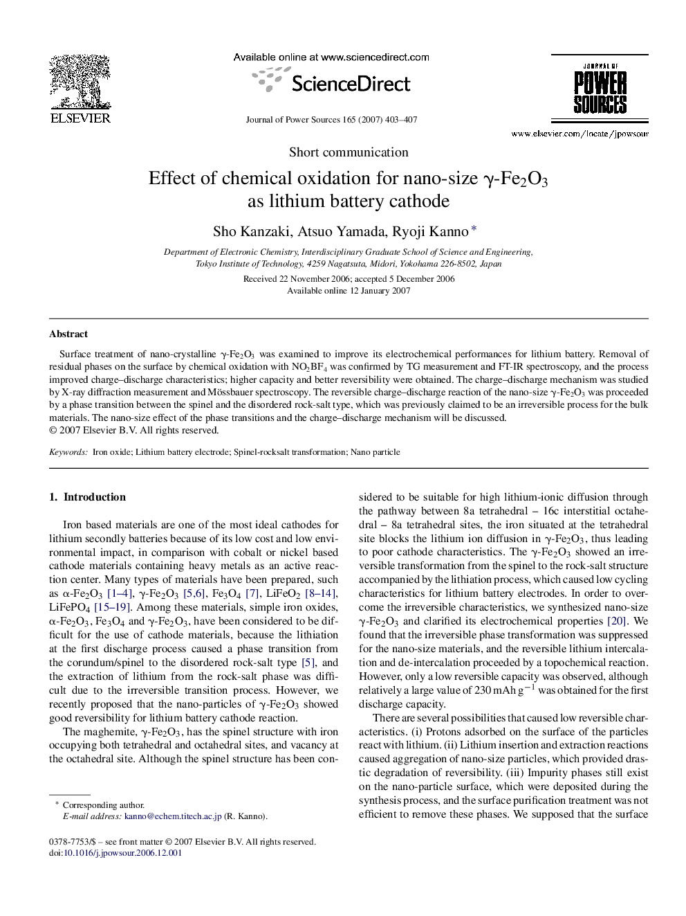 Effect of chemical oxidation for nano-size γ-Fe2O3 as lithium battery cathode