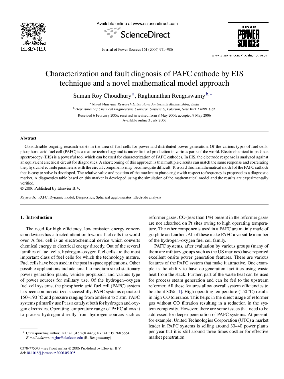 Characterization and fault diagnosis of PAFC cathode by EIS technique and a novel mathematical model approach