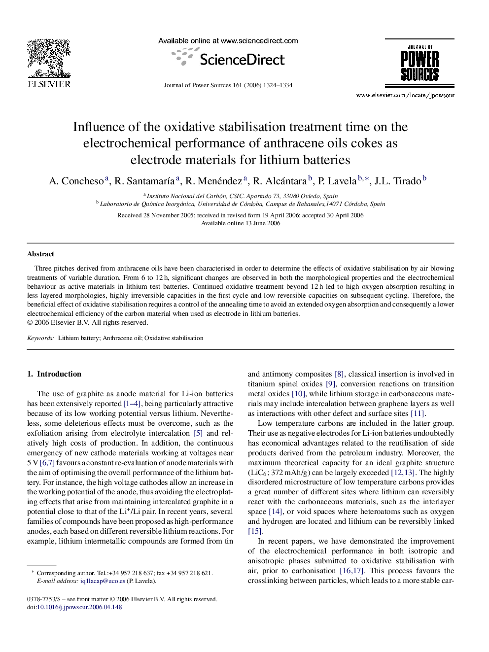 Influence of the oxidative stabilisation treatment time on the electrochemical performance of anthracene oils cokes as electrode materials for lithium batteries