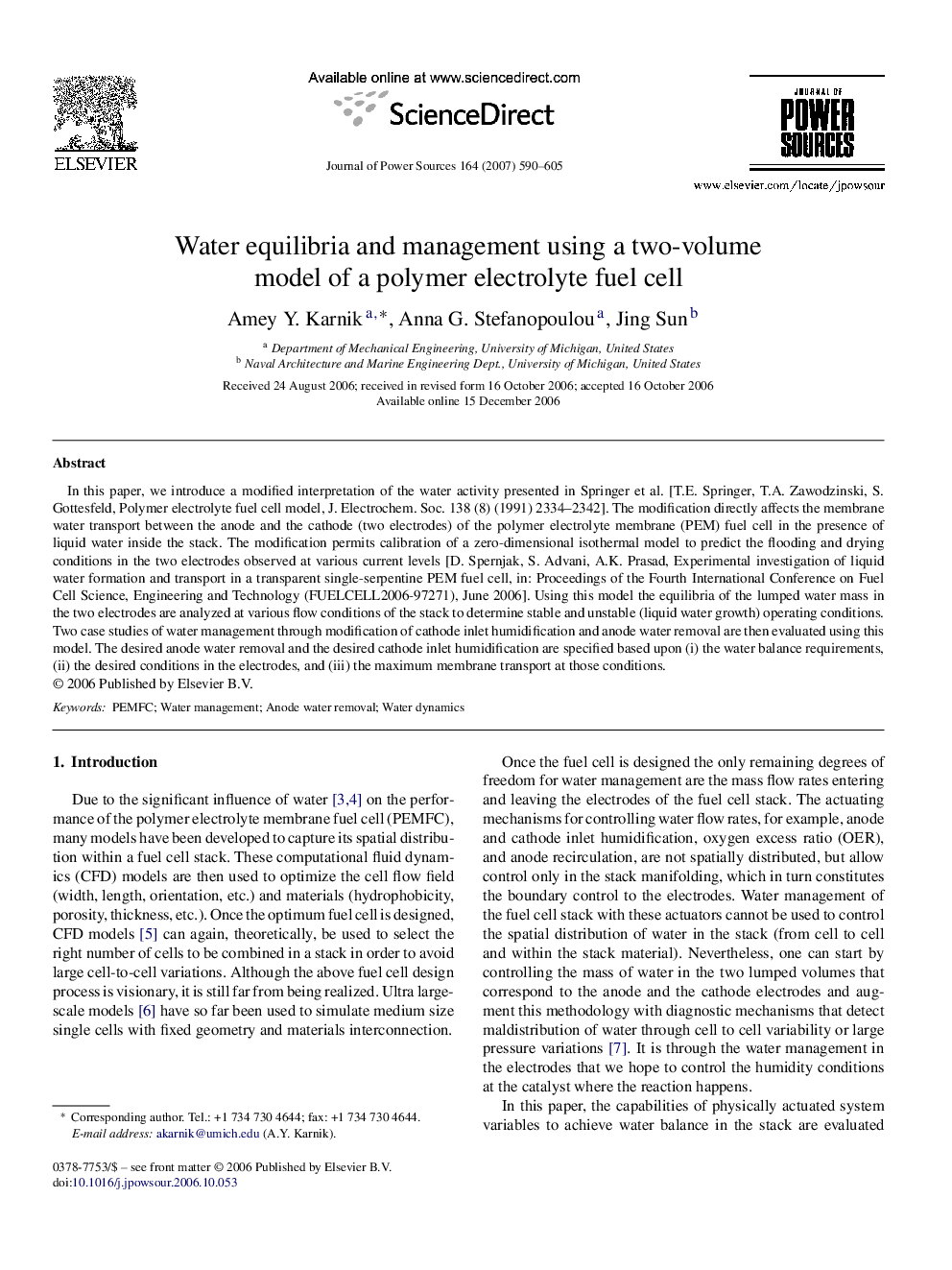 Water equilibria and management using a two-volume model of a polymer electrolyte fuel cell