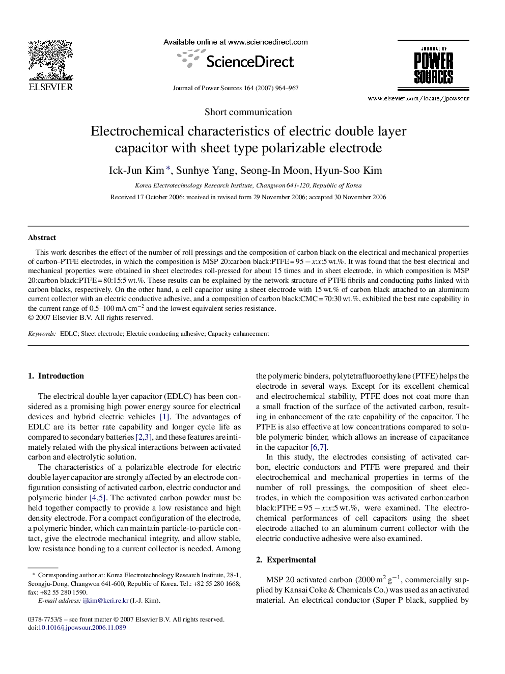 Electrochemical characteristics of electric double layer capacitor with sheet type polarizable electrode