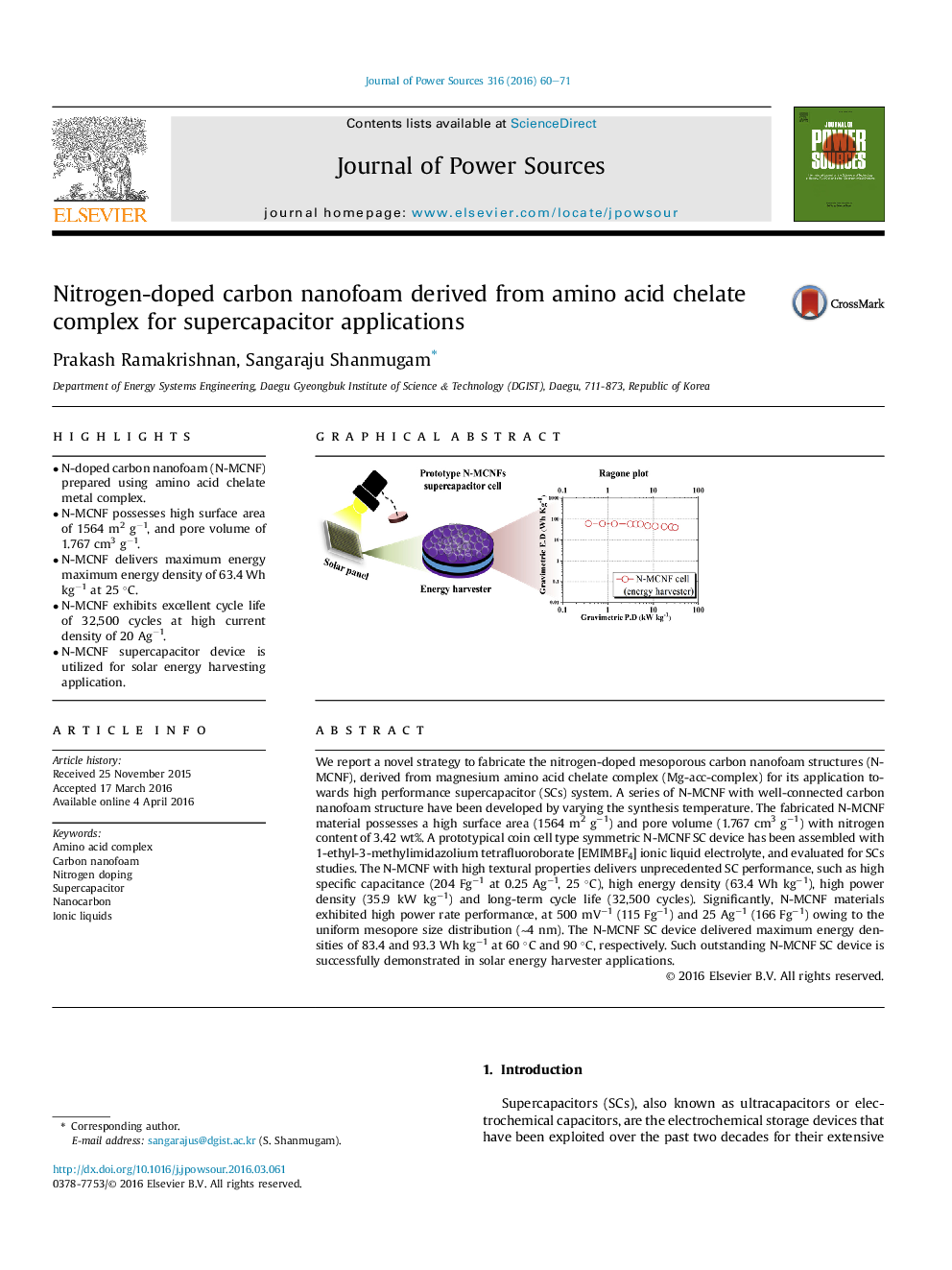 Nitrogen-doped carbon nanofoam derived from amino acid chelate complex for supercapacitor applications