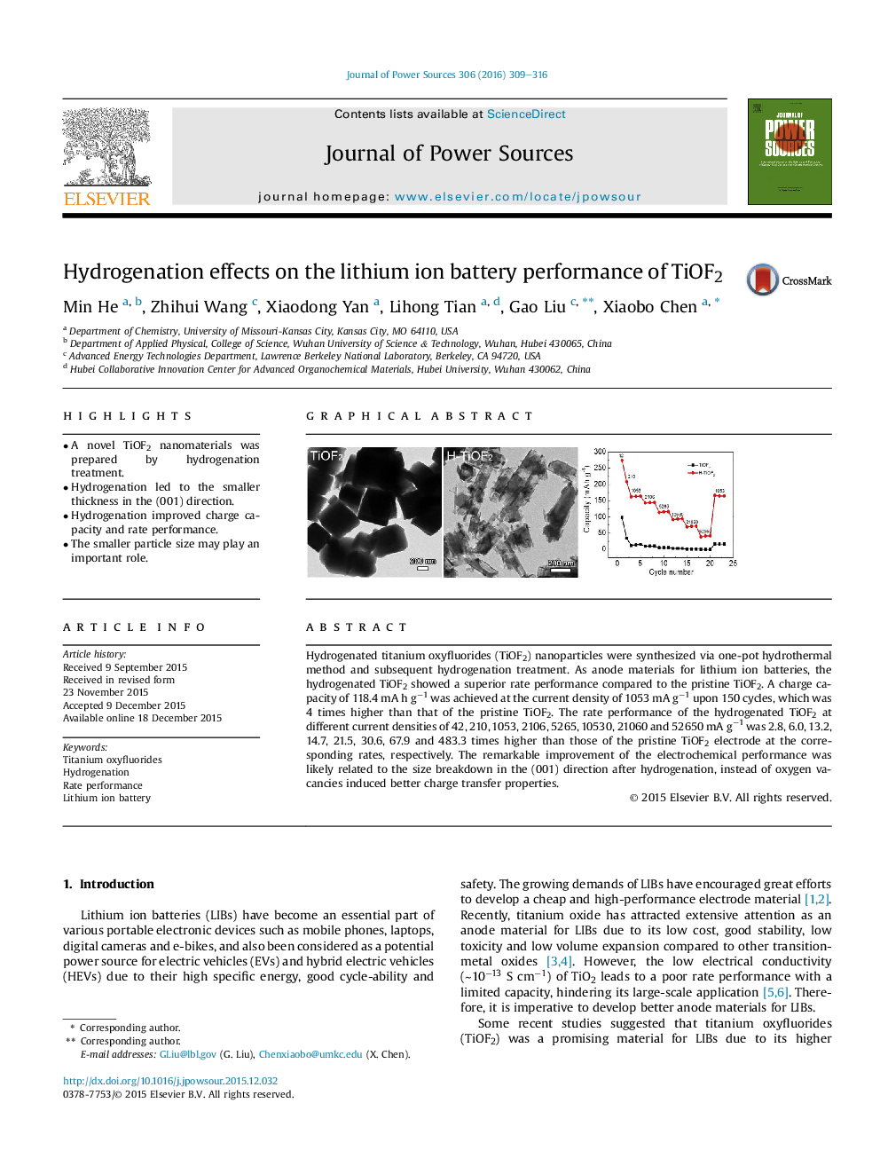 Hydrogenation effects on the lithium ion battery performance of TiOF2