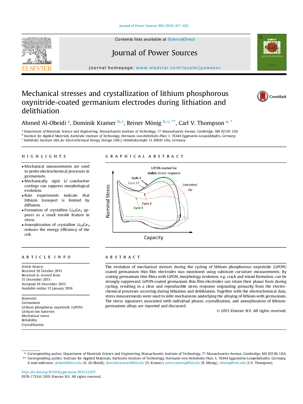 Mechanical stresses and crystallization of lithium phosphorous oxynitride-coated germanium electrodes during lithiation and delithiation