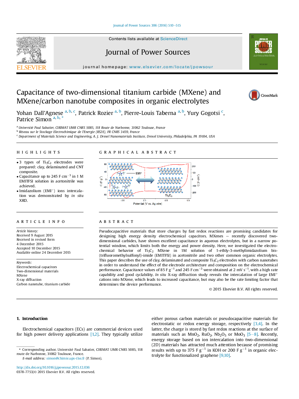 عکس صفحه اول مقاله: Capacitance of two-dimensional titanium carbide (MXene) and MXene/carbon nanotube composites in organic electrolytes Capacitance of two-dimensional titanium carbide (MXene) and MXene/carbon nanotube composites in organic electrolytes