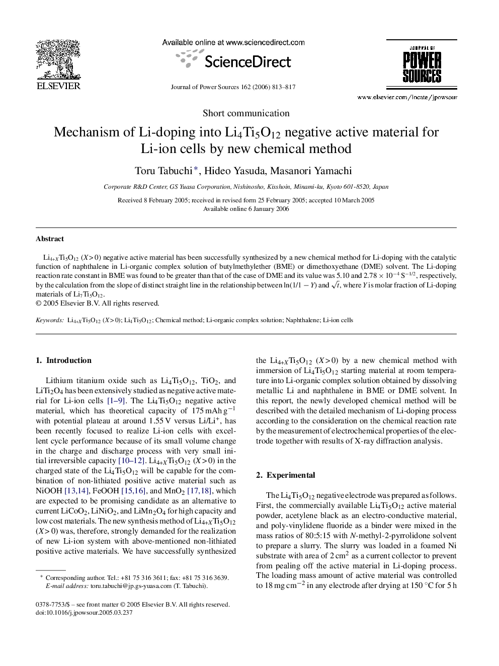 Mechanism of Li-doping into Li4Ti5O12 negative active material for Li-ion cells by new chemical method