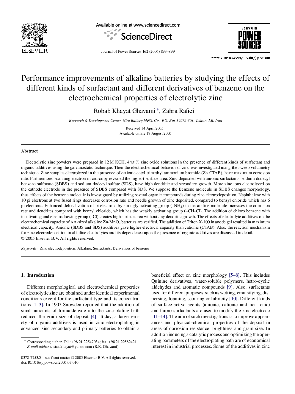 Performance improvements of alkaline batteries by studying the effects of different kinds of surfactant and different derivatives of benzene on the electrochemical properties of electrolytic zinc