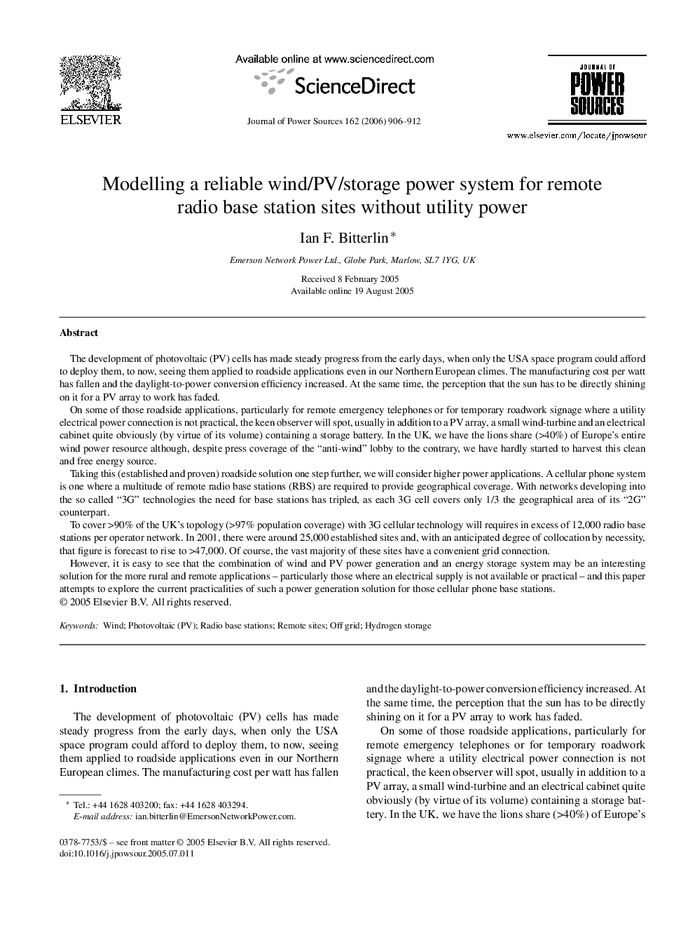 Modelling a reliable wind/PV/storage power system for remote radio base station sites without utility power