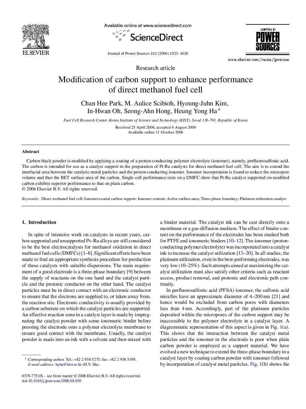 Modification of carbon support to enhance performance of direct methanol fuel cell