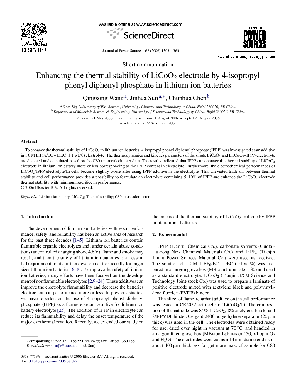 Enhancing the thermal stability of LiCoO2 electrode by 4-isopropyl phenyl diphenyl phosphate in lithium ion batteries