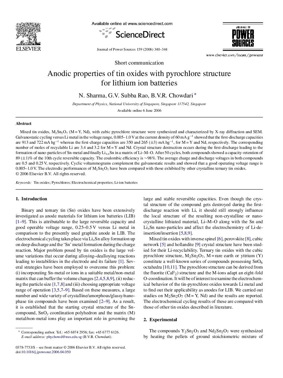 Anodic properties of tin oxides with pyrochlore structure for lithium ion batteries