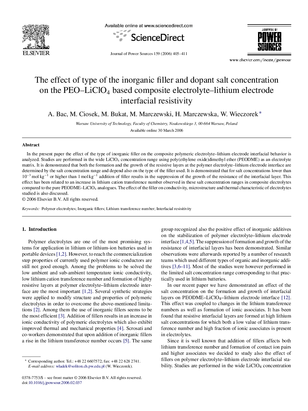 The effect of type of the inorganic filler and dopant salt concentration on the PEO–LiClO4 based composite electrolyte–lithium electrode interfacial resistivity