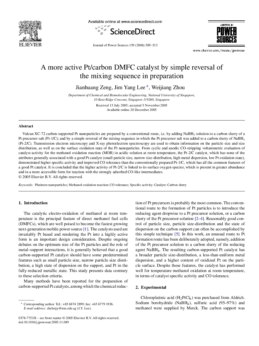 A more active Pt/carbon DMFC catalyst by simple reversal of the mixing sequence in preparation