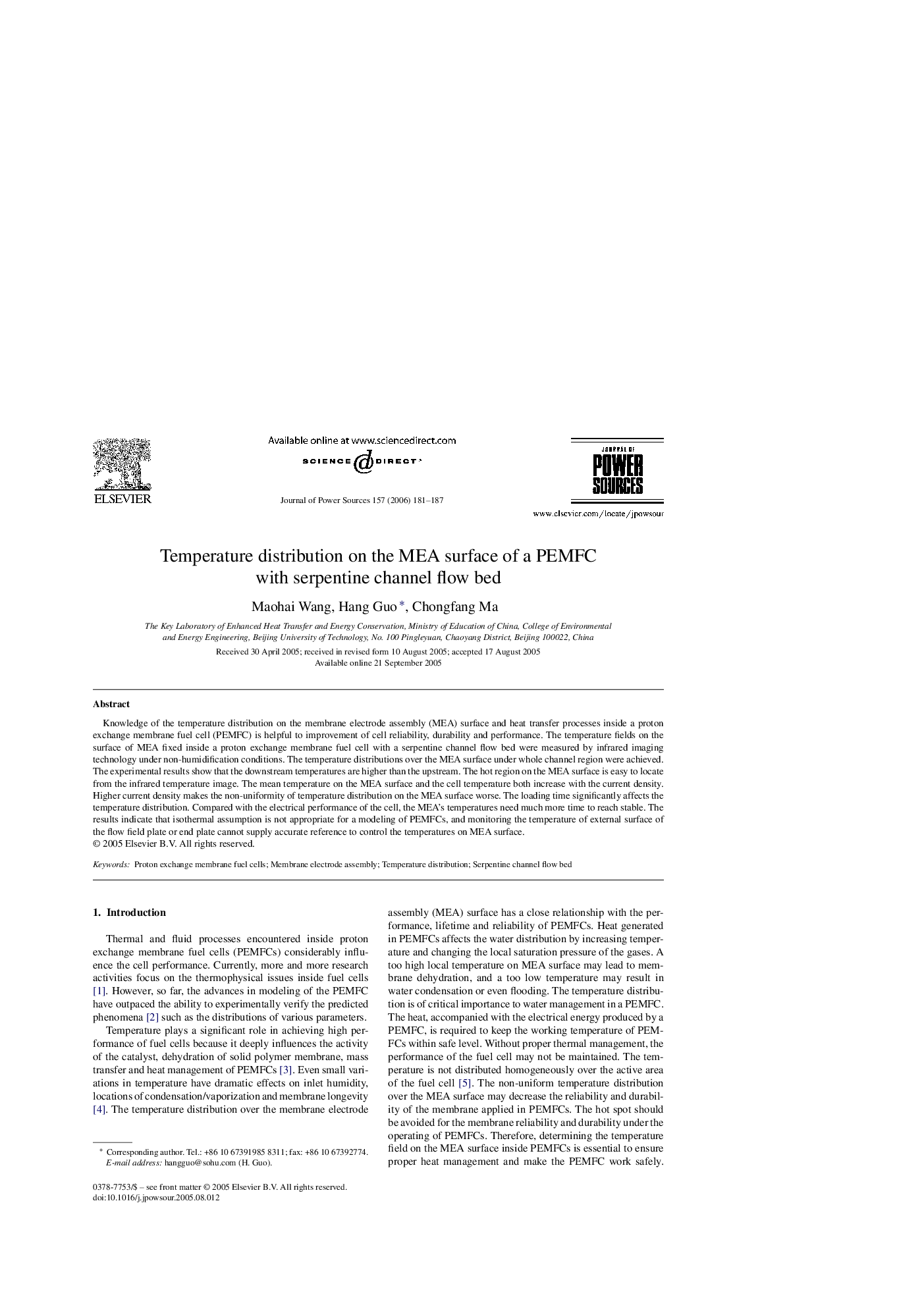 Temperature distribution on the MEA surface of a PEMFC with serpentine channel flow bed