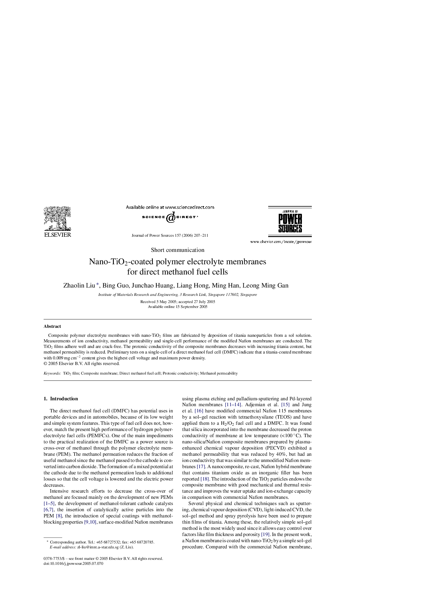 Nano-TiO2-coated polymer electrolyte membranes for direct methanol fuel cells