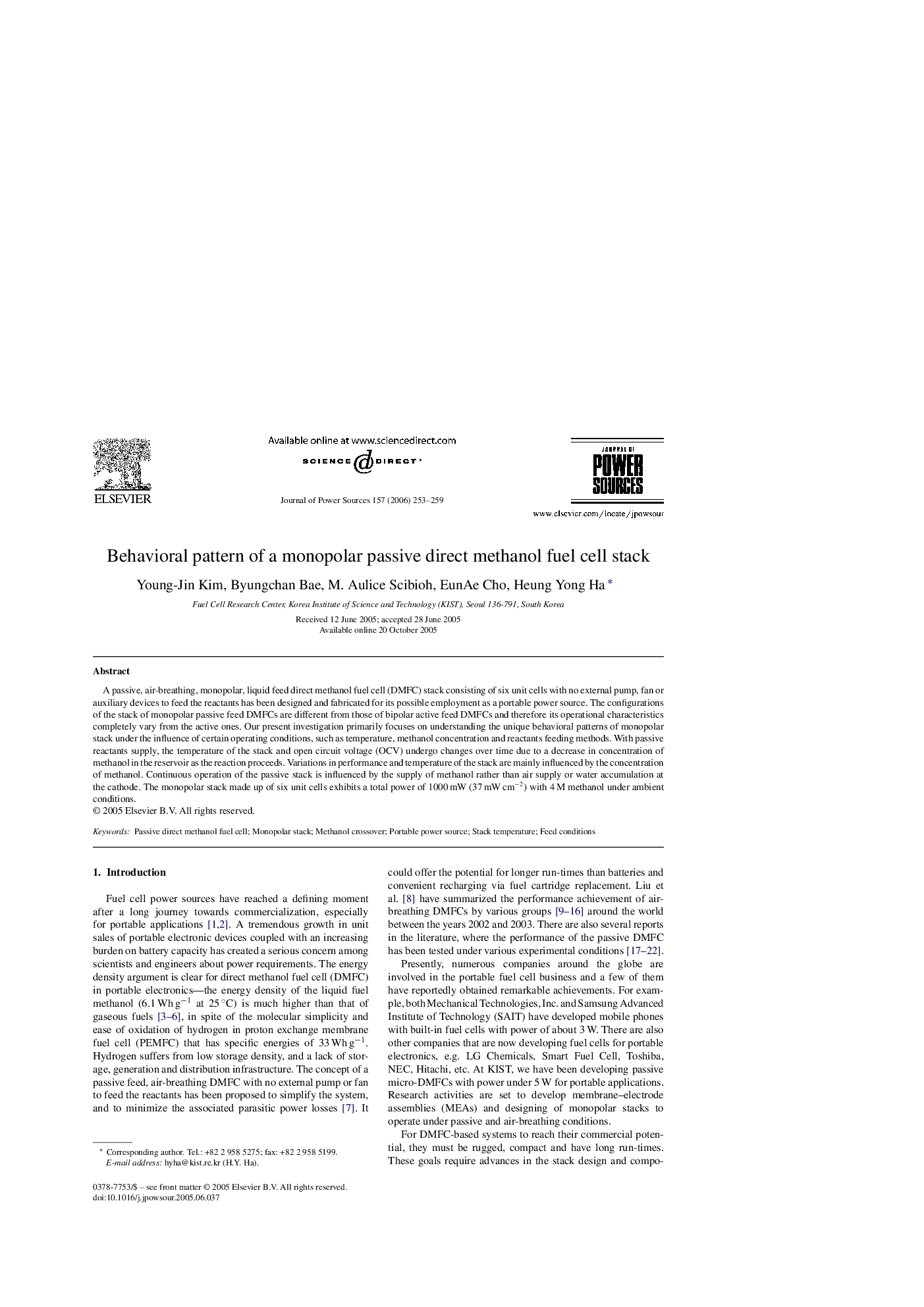 Behavioral pattern of a monopolar passive direct methanol fuel cell stack