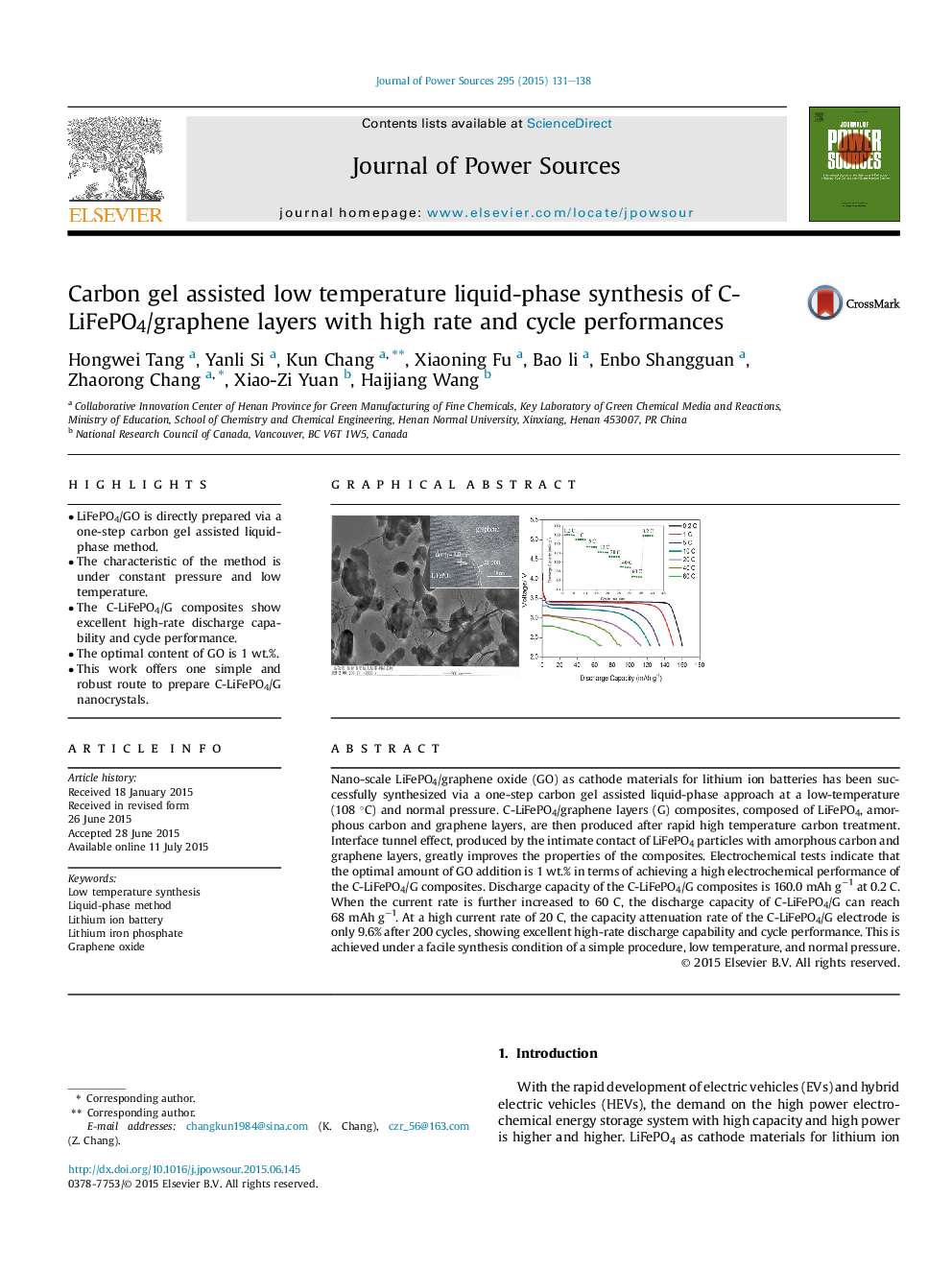 Carbon gel assisted low temperature liquid-phase synthesis of C-LiFePO4/graphene layers with high rate and cycle performances