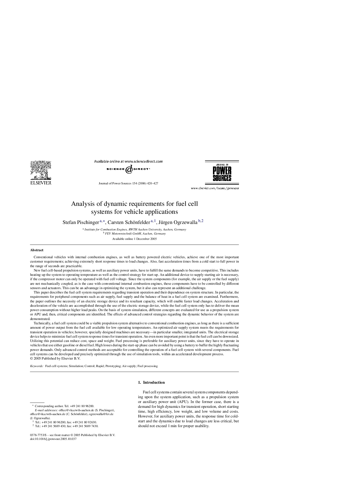 Analysis of dynamic requirements for fuel cell systems for vehicle applications