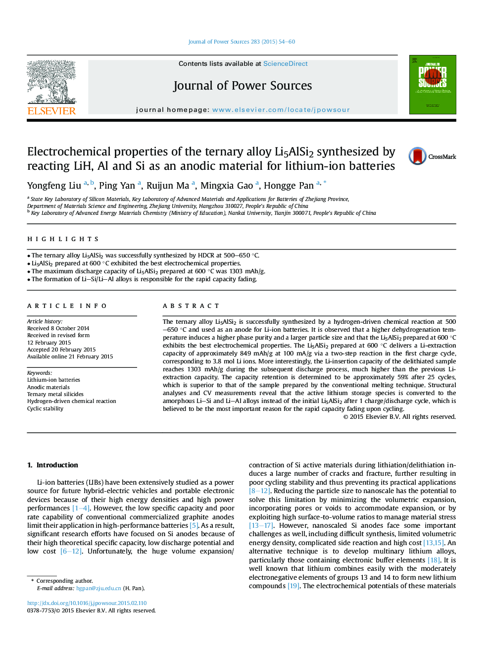 Electrochemical properties of the ternary alloy Li5AlSi2 synthesized by reacting LiH, Al and Si as an anodic material for lithium-ion batteries